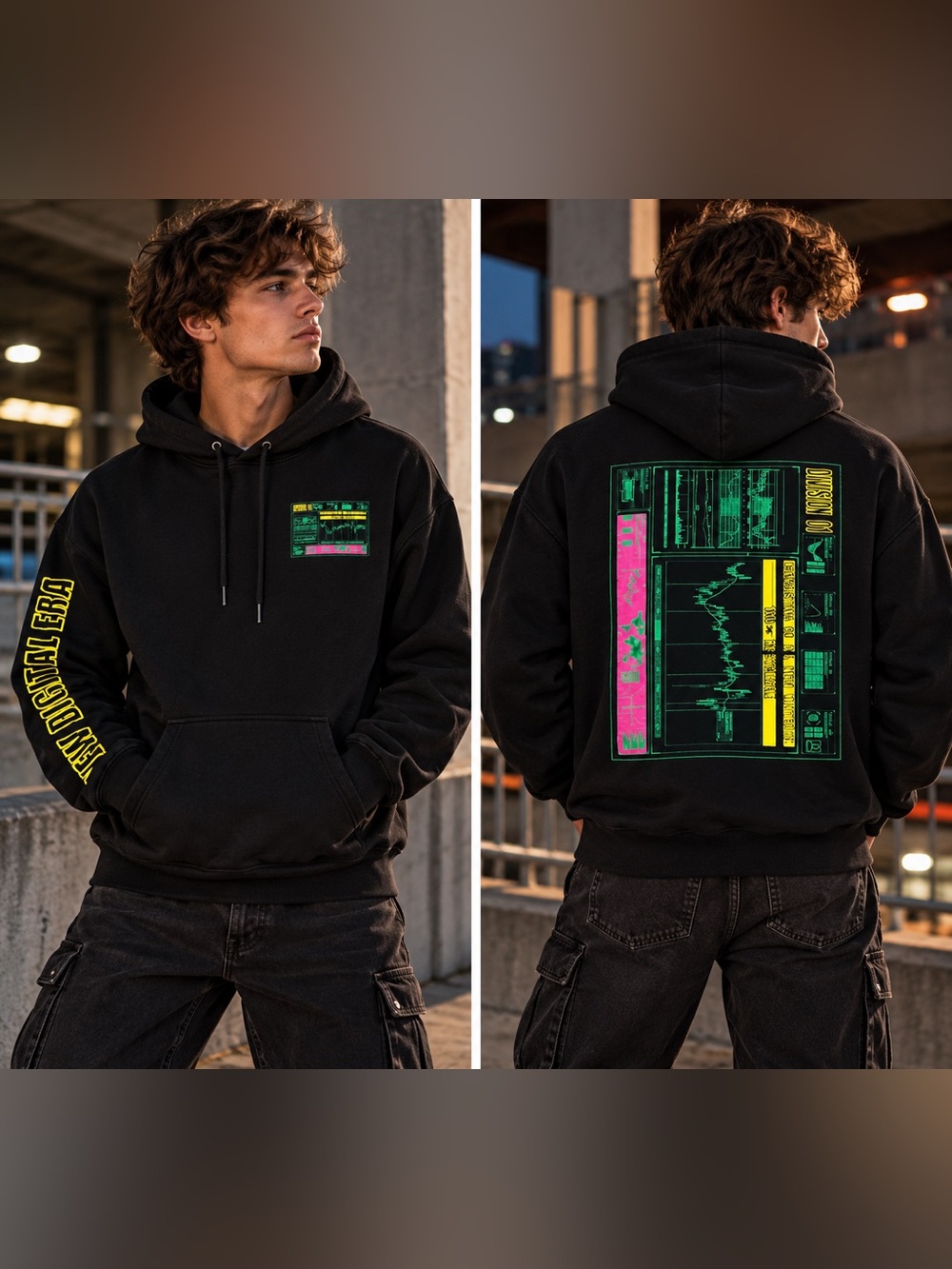 Forever 21 Men Black Digital Era Graphic Pullover Hoodie Streetwear Large